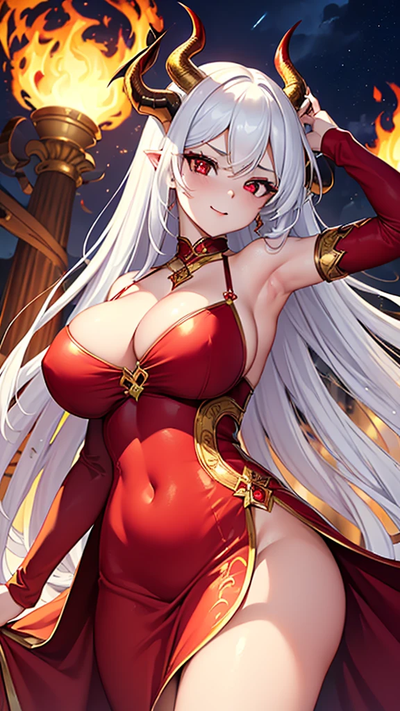 Masterpiece: 1.3, 1 girl ((25 years old, dressed in a tight red dress and gold details, huge breasts, long bright white hair, beautiful face, perfect model body, large dragon horns, bright red eyes: 1.4, happy , crazy and lustful face looking at a girl: 1.2, big flame in the background at night: 1.1, beautiful and energetic atmosphere: 1.2))