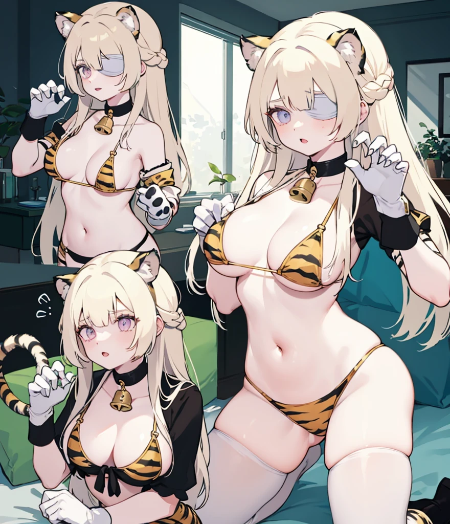 1 solo female gazed (blindfolded), animal tiger ears, animal tiger hands, animal tiger print, bell, bikini, breasts, choker, claws, cleavage, collar, full body, gloves, large breasts, pink lips, long hair, looking at viewer, navel, neck bell, on bed, tiger paw gloves, tail, thigh highs, tiger ears, tiger print, tiger tail, white long hair, sitting on bed bedroom background