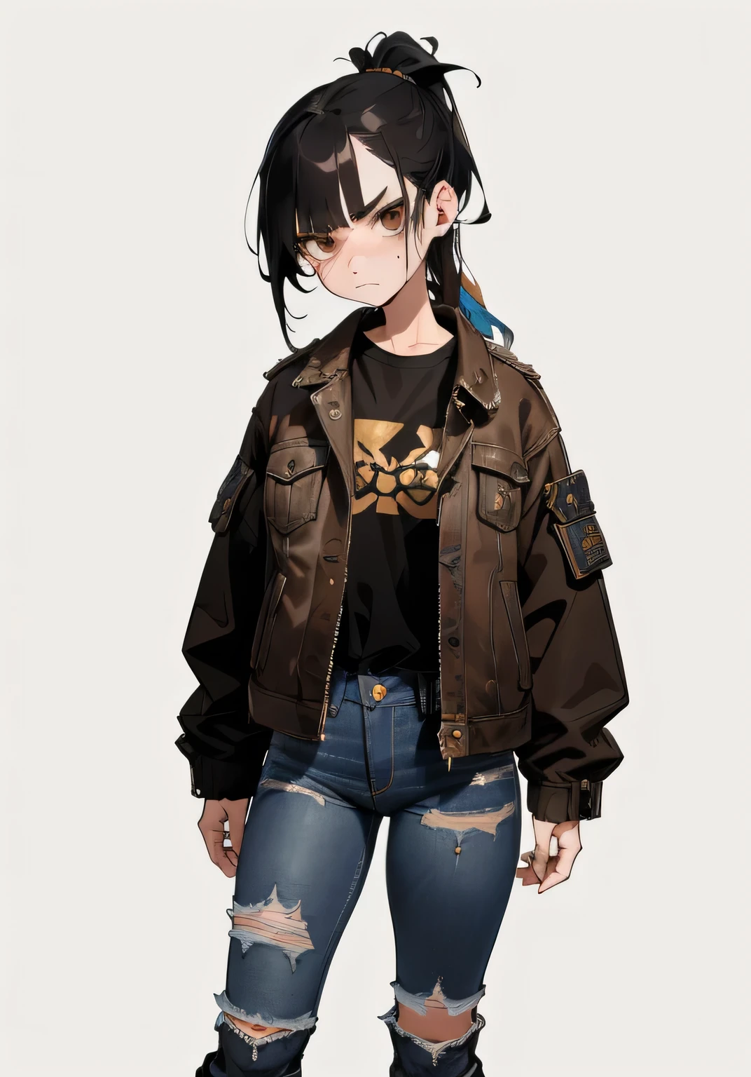 A woman with a jacket and jeans standing in front of a white background ...