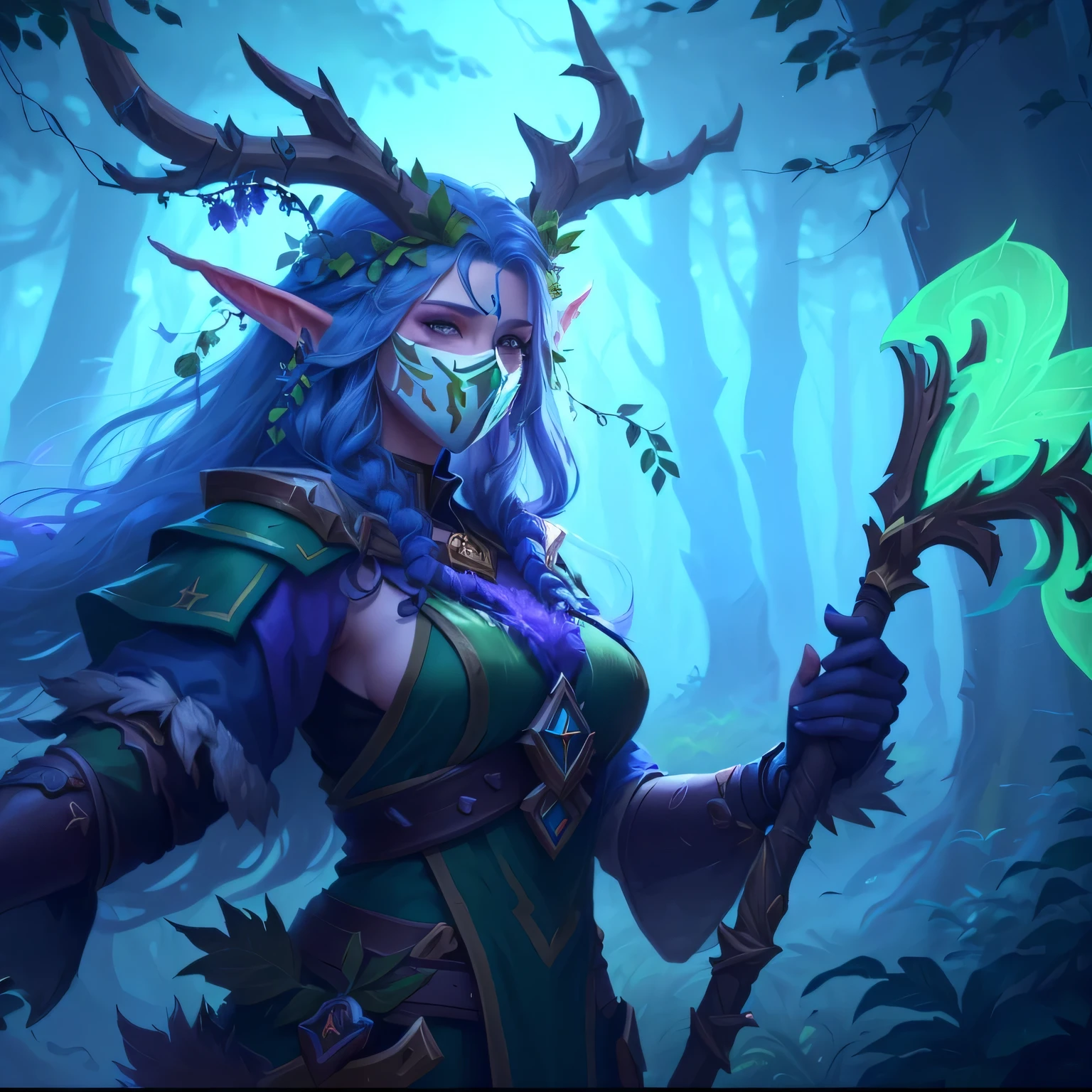 a close up of a woman with a green and blue costume holding a stick, world of warcraft elven druid, tree druid, nature druid, fey queen of the summer forest, druid portrait, from hearthstone, forest hunter lady, forest soul, in hearthstone art style, druid goddess, from league of legends, keyleth, a druid, goddess of the forest, Full Face Mask, Purple Skin