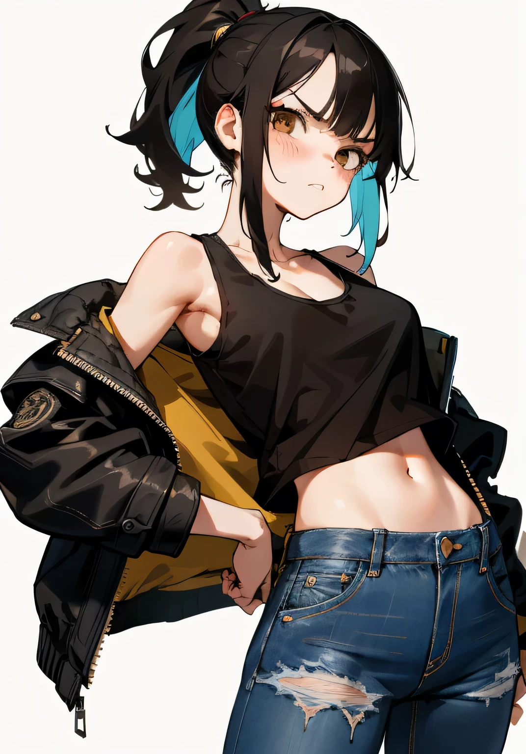 1GIRL, cute girl, finely detailed, (best quality), (intricate details), cute style, apocalypse style, dystopian style, multicolored, ((black hair in ponytail)), best quality, ((giant oversized jacket, tank top and jeans)), ((black and brown clothes)), ((worn down clothes)), ((round eyes)), beautiful face, cute face, pinup, angry look, stern look, perfect face, simple background