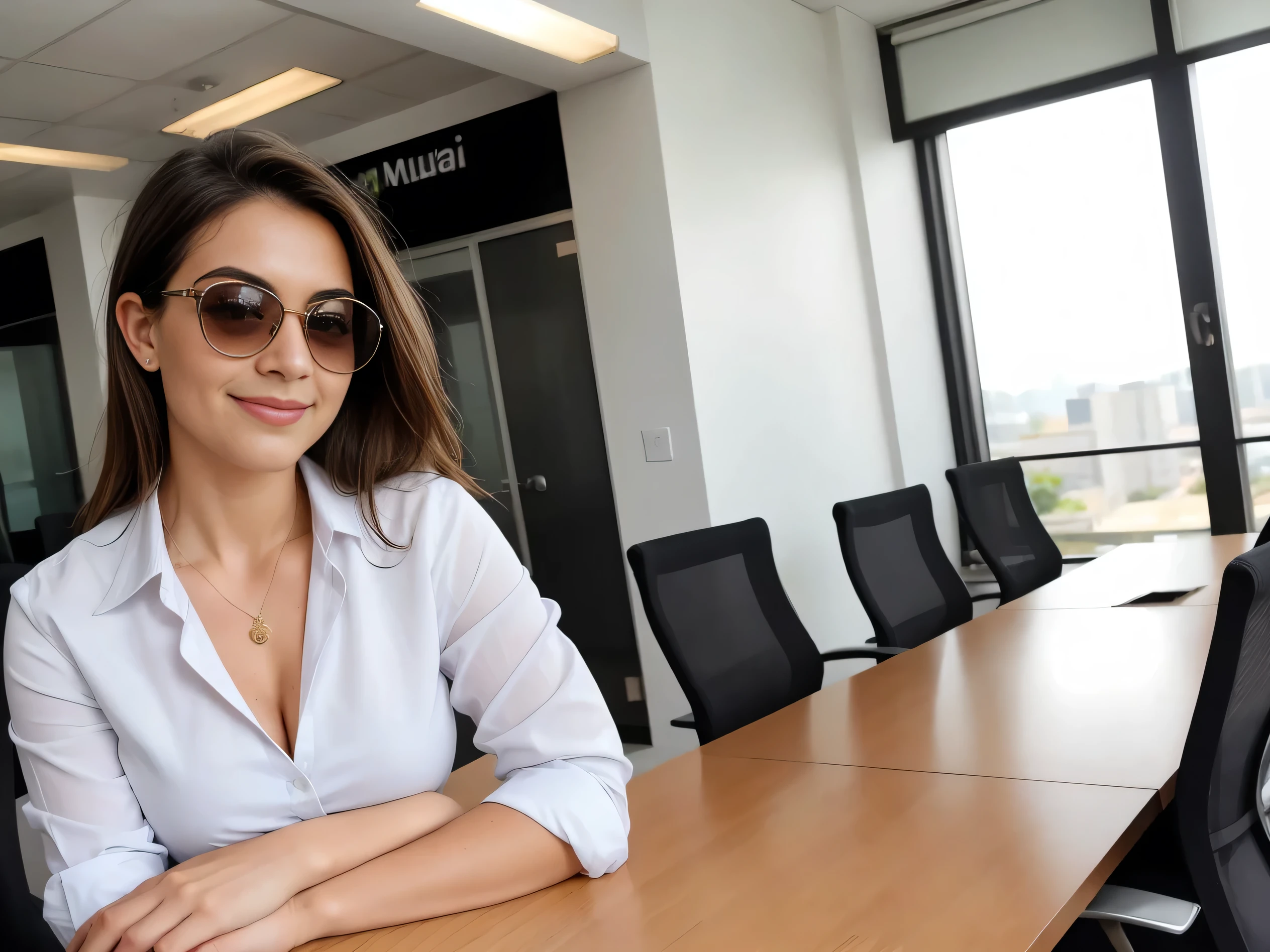 Close realista ,linda mulher ,sala de estar Mulher executiva esperando seu cliente, woman in sunglasses in a natural light location outside her office, leve sorriso e saia.postura diferente da mulher. saia muito formal. postura diferente da mesma mulher.