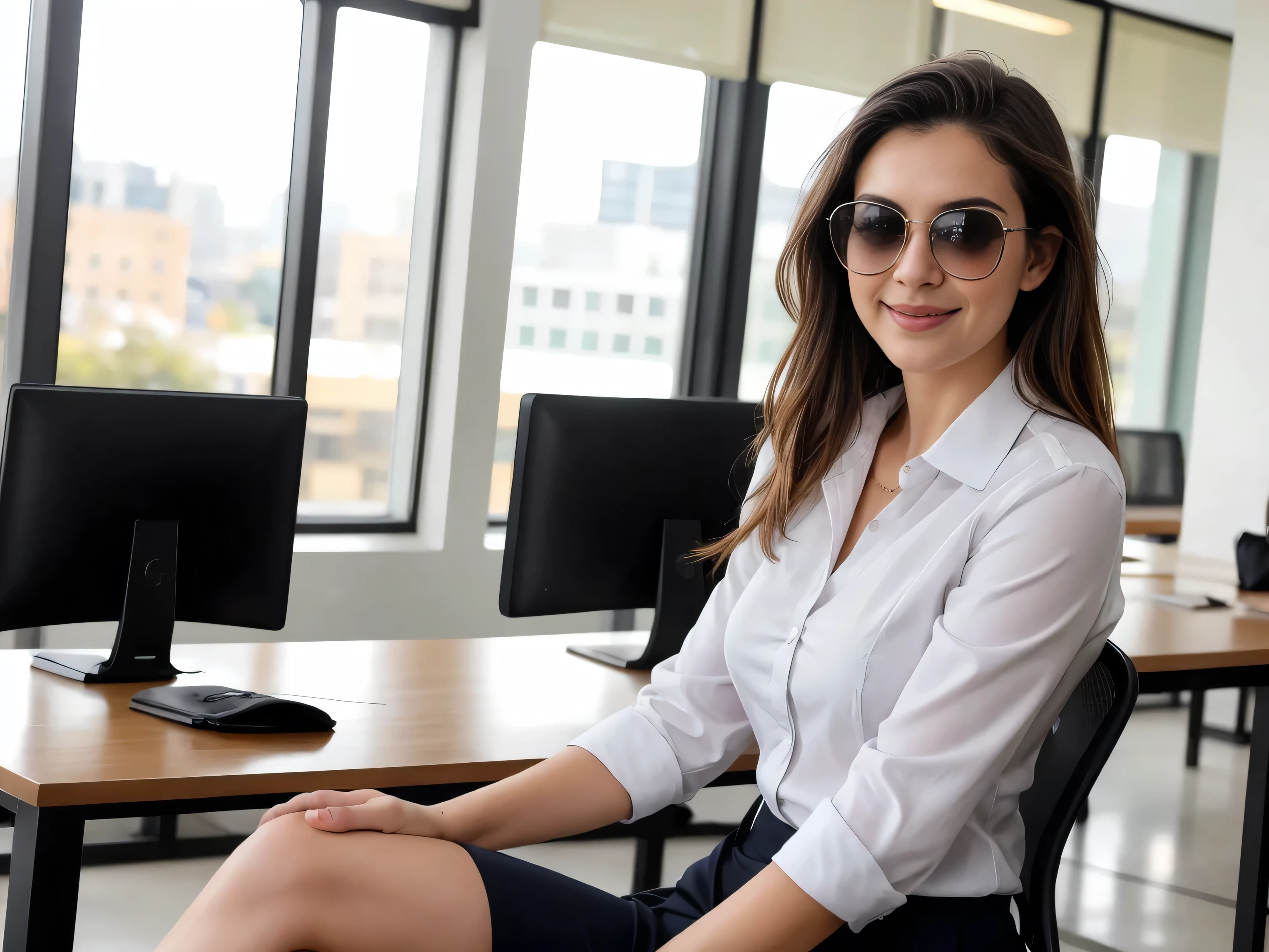 Close realista ,linda mulher ,sala de estar Mulher executiva esperando seu cliente, woman in sunglasses in a natural light location outside her office, leve sorriso e saia.postura diferente da mulher. saia muito formal. postura diferente da mesma mulher.
