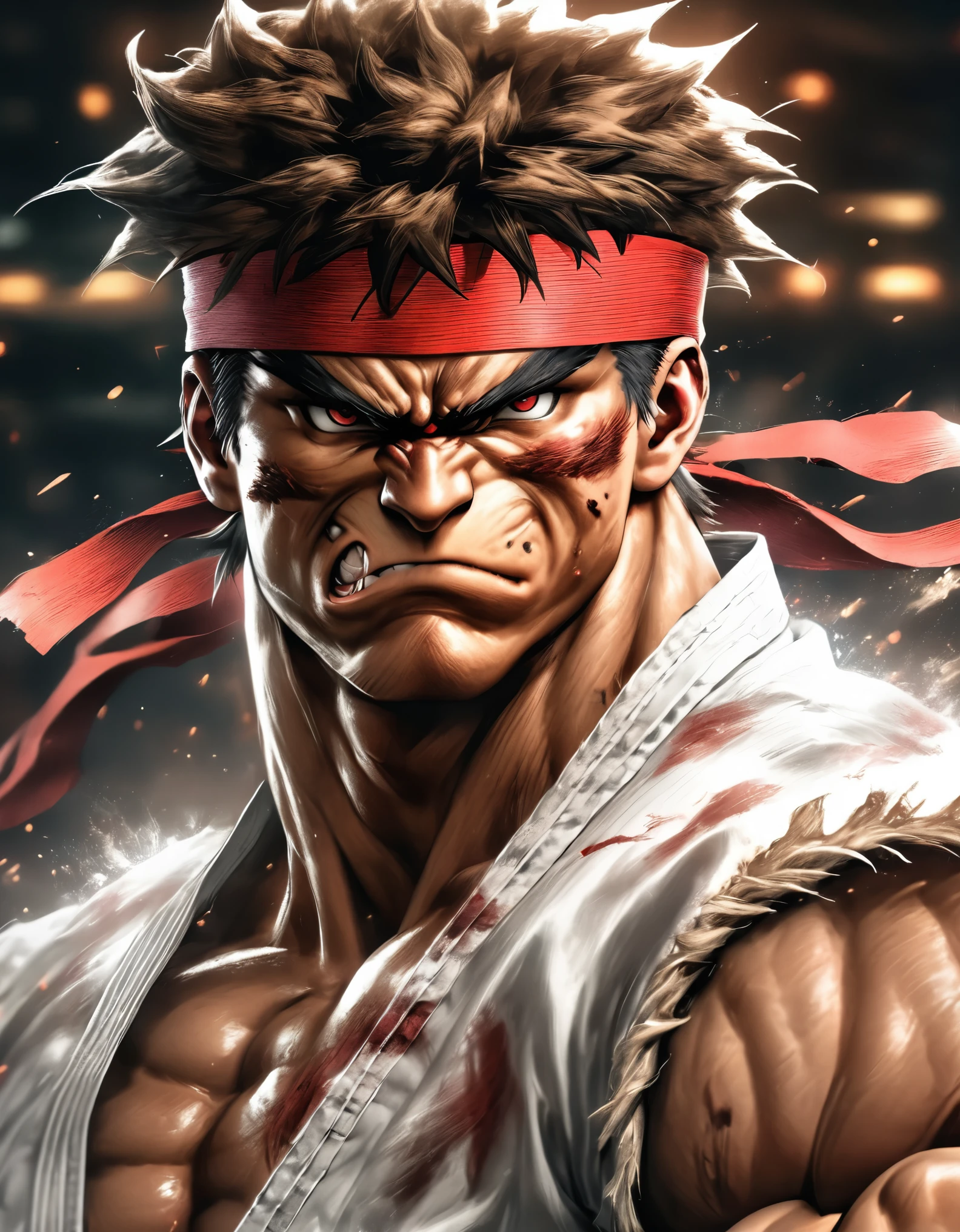 (8k, Fotos RAW, Maximum quality, obra de arte: 1.2), ultra detalhe, Super resolution, (real, fotos reais: 1.37), (best quality, highres, ultra-detailed:1.2), cinematic still, Ryu from Street Fighter, white sleeveless karate gi, red headband, arms crossed