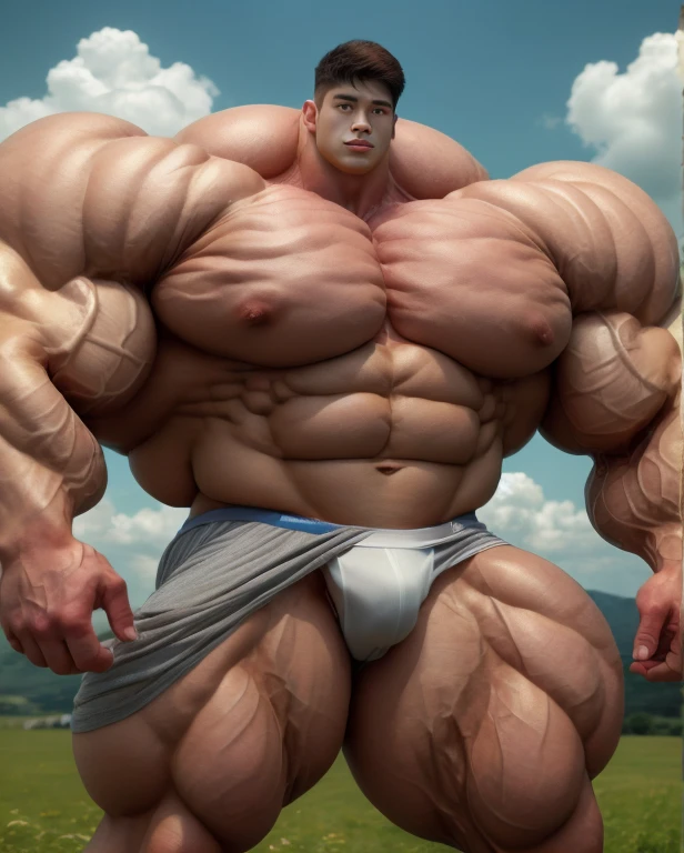 1 asian man, giant, buzz haircut, model shoot style, looking at camera, standing up, cool ambiance, outdoor, commercial photoshoot, large dry meadows, strong body, bulk, naked, wear white triangular underpants, prominent bulge trunks, big, brutalmass, giant, muscular body, bulk, massive body, large meaty body size, brown skin, huge arms, ballooning meaty chests