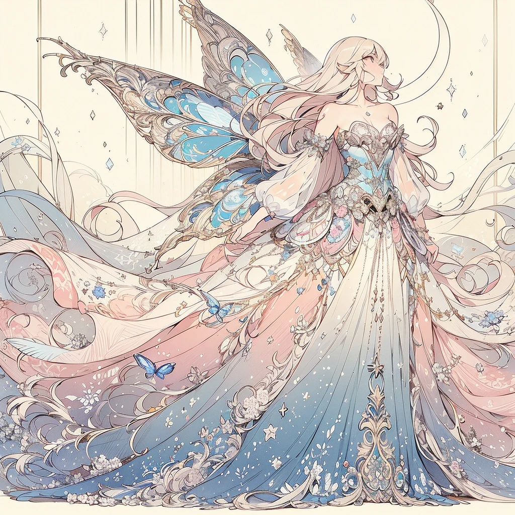 (Exquisite, beautiful, Very detailed, masterpiece, High resolution,high quality,High resolution), (Soft and thin lines,A design concept illustration showing the entire antique part of a beautiful dress in vivid pastel colors with beautiful fairy wings like a butterfly on the back, adorned on a torso against a pale night sky and star background, Pixiv-inspired anime illustrations that are going viral among Japanese people on Twitter), A gorgeous dress with a beautiful and vibrant color with a light blue base and a moon and star motif on one side of the chest with draped peplums attached symmetrically to the left and right sides of the corset., Corset with moon and star motifs, A cute princess dress inspired by the moon and stars,