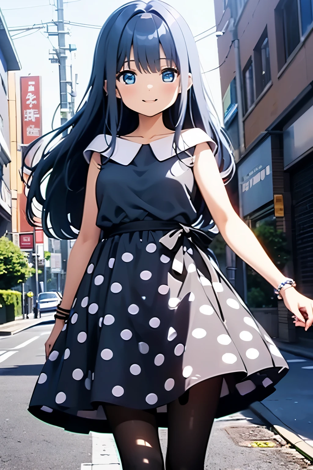 yachiyo nanami, blue hair, jewelry, long hair, dress, bracelet, polka dot, polka dot dress, blue eyes, pantyhose, black dress, black footwear, black ribbon, smile, 