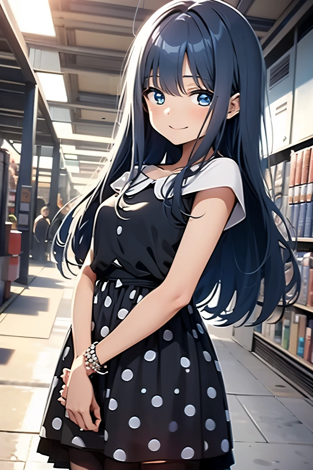 yachiyo nanami, blue hair, jewelry, long hair, dress, bracelet, polka dot, polka dot dress, blue eyes, pantyhose, black dress, black footwear, black ribbon, smile, 