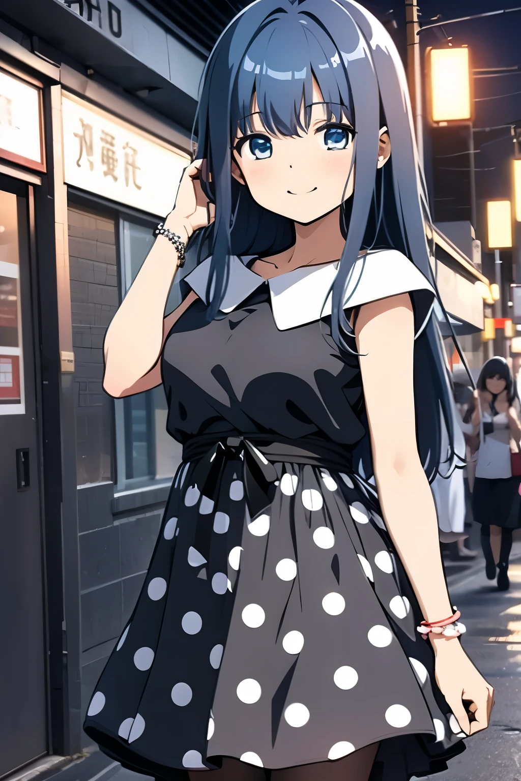 yachiyo nanami, blue hair, jewelry, long hair, dress, bracelet, polka dot, polka dot dress, blue eyes, pantyhose, black dress, black footwear, black ribbon, smile, 