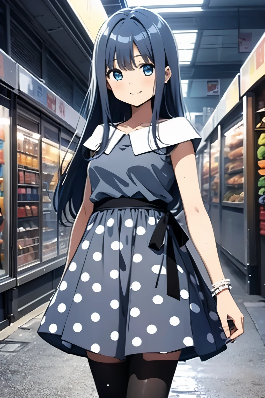 yachiyo nanami, blue hair, jewelry, long hair, dress, bracelet, polka dot, polka dot dress, blue eyes, pantyhose, black dress, black footwear, black ribbon, smile, 