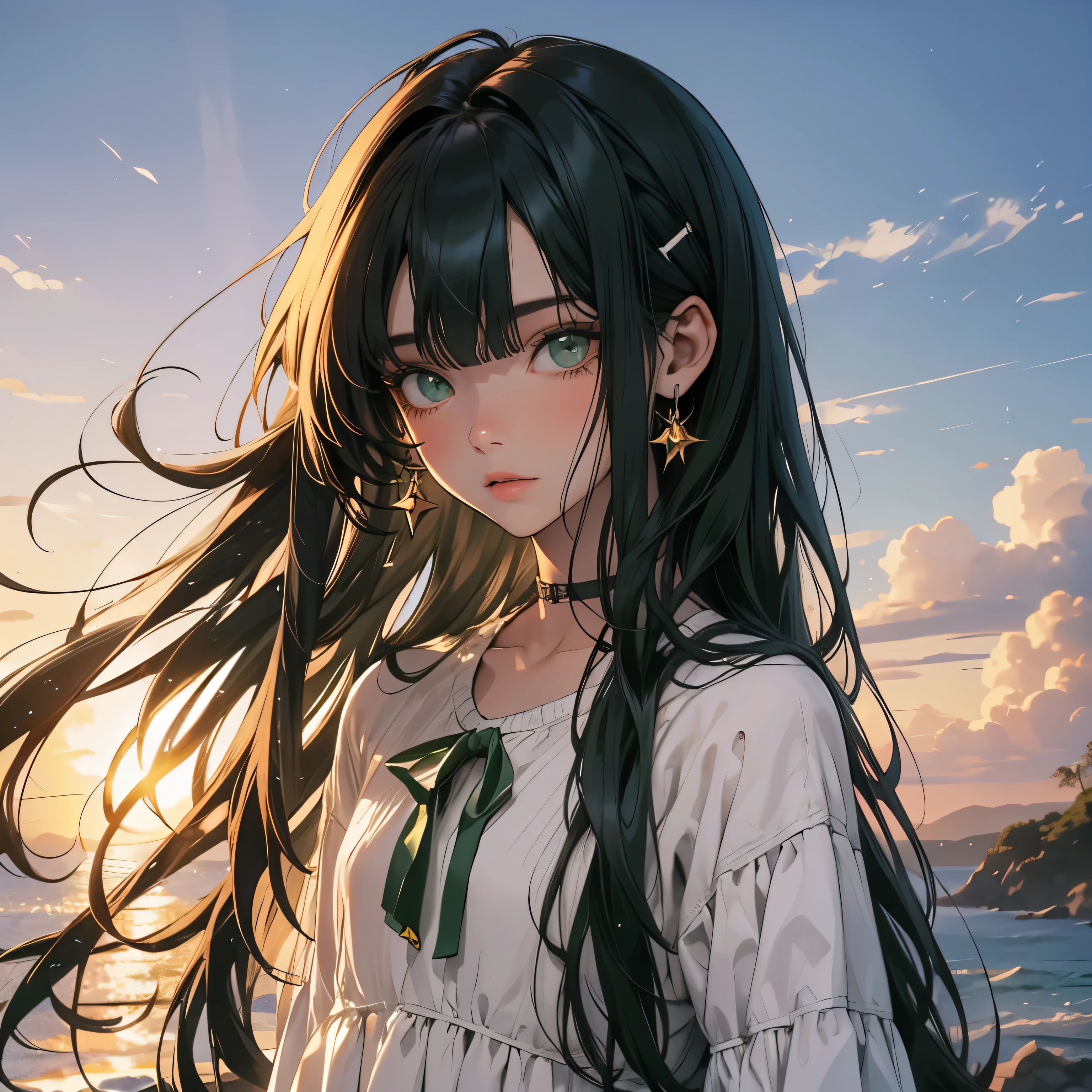 alto, , tem a pele parda levemente mais escura, os olhos verdes e usa locks curtos no cabelo, cor do cabelo castanho bem escuro. ((Qualidade boa)) , sunrise, green eyes