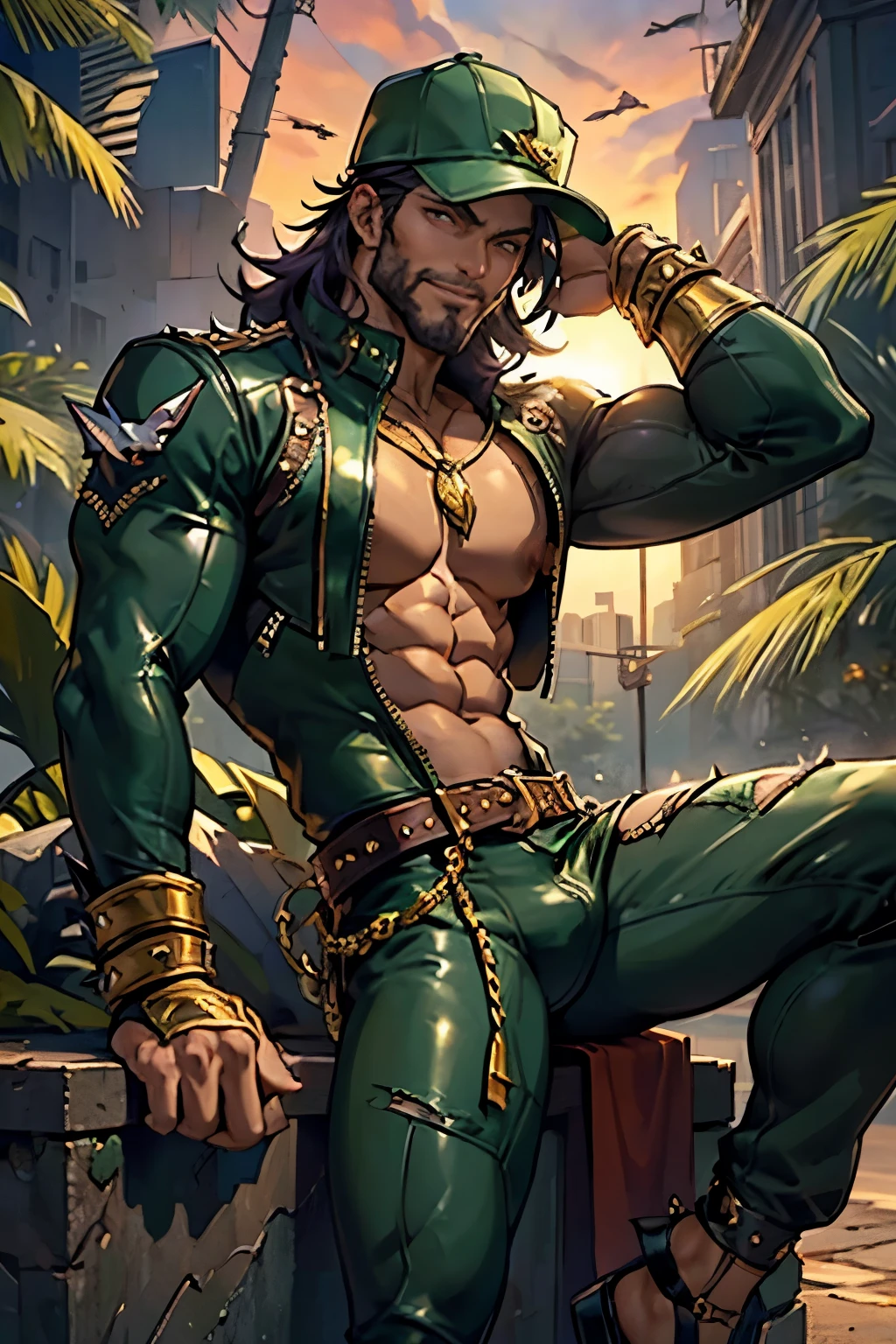 ((best quality)), ((masterpiece)), (detailed), indian, very long dark purple hair, tinted sunset small circular round sunglasses, leather dark green bodysuit spikes,very spiky shoulder pads with gold plate, spiky gold knee pads with angry faces, muscle, boob window, cute cartoon cap hat with dragon faeatures, gold high heels with spikes, ripped bodysuit pants to show skin, zippers on pants, chest hair, cleavage, dragon teeth necklace, spikes, rips, zippers, sunset iris eyes shiny, playful, male, masculine, full finger golden rings, tight clothing, golden chains, belt, gold jewelry , side beard, gold piercings, gold rings, leather gloves, bdsm, dominant, sexy, golden piercing , dark green clothing, hairy, sports cap, dark green leather, small bulge, bara, green leather biker bodysuit, open toe sandal, full arm covered, claws, all green outfit, monochromatic outfit, sunset background, golden claws rings, shark teeth, arm zipper window, pose leg up, gay, bodysuit, tight bodysuit, long sharp golden nails, looking at camera, smiling, confident, boob window, golden jewlery, golden pads, golden details 