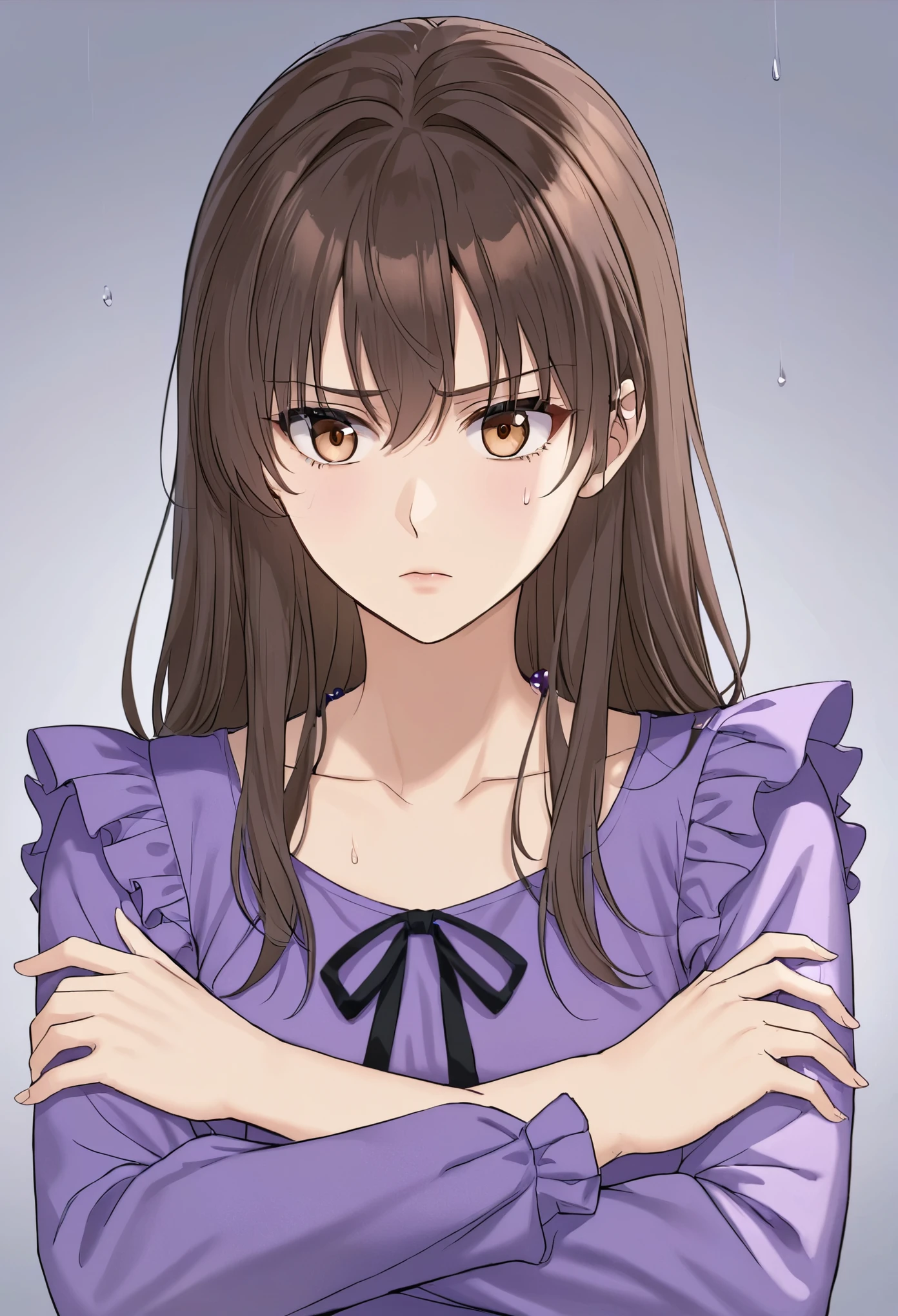 1girl,solo,Long hair,solo,female focus,shirt,girl,front view,arms crossed,beads of sweat,brown eyes,black hair,upper body,brown hair,collarbones,long sleeves,bangs,fear,Purple dress,black ribbon,