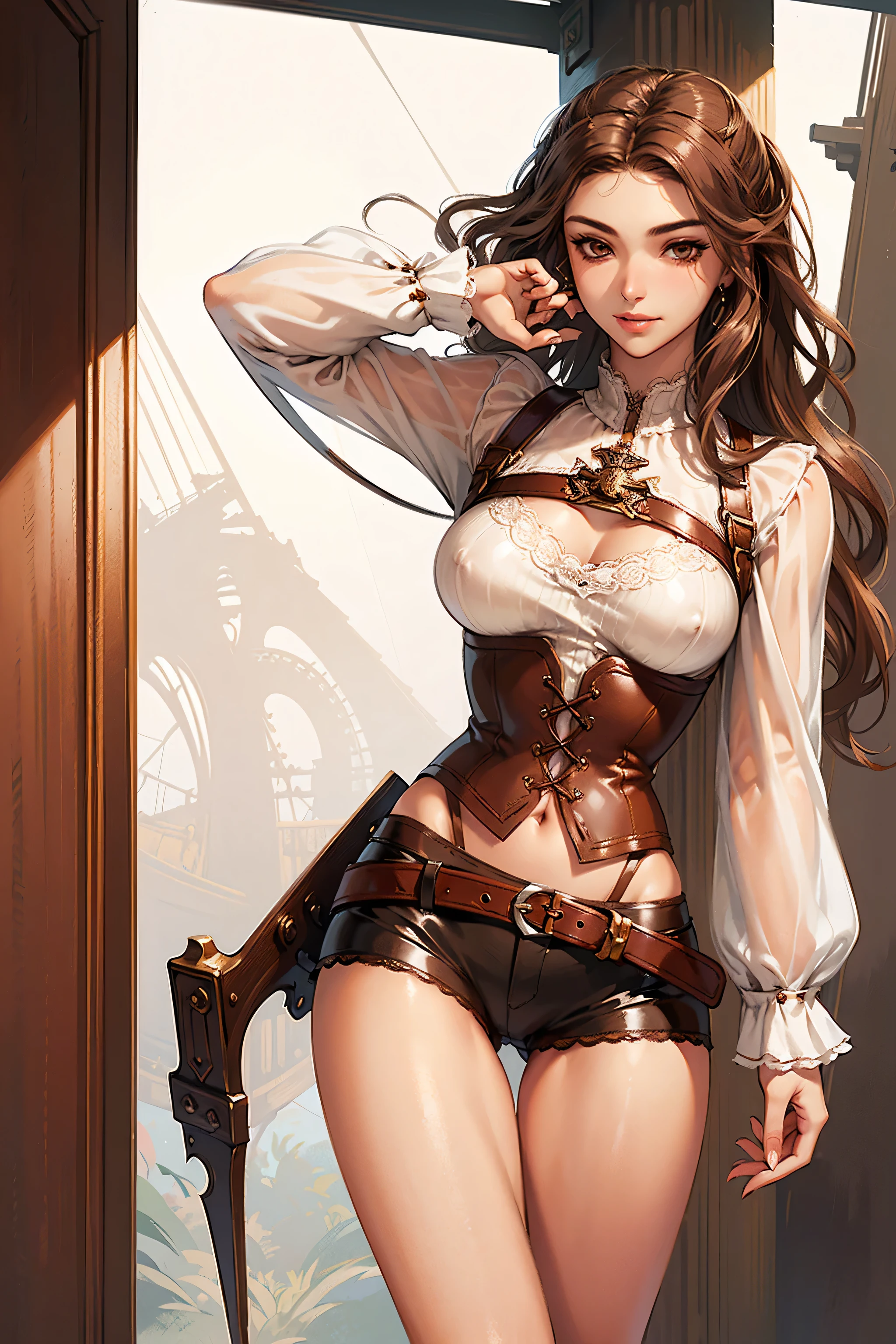 (masterpiece), best quality, expressive eyes, perfect face, (pirate ship background), (standing), (smirk, slutty expression, arroused), (closeup view), (1girl, vanessa alessia, dark skin, tanned skin, brown hair, wavy hairstyle, brown eyes, hourglass figure, thin body, skinny body, petite_body, medium breasts, thick thighs, long fingernails,, white front lace blouse, long sleeve, loose fit, brown leather corset, brown leather shorts, brown boots, sheathed cutlass sword, flintlock pistol in holster, hoop earrings, miscellaneous jewelry), porn star, (girl removing her clothing, pantypull)