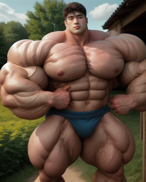 1 asian man, giant, buzz haircut, model shoot style, looking at camera, standing up, cool ambiance, outdoor, commercial photoshoot, large dry meadows, strong body, bulk, naked, prominent bulge trunks, big, brutalmass, giant, muscular body, bulk, massive body, large meaty body size, brown skin, huge arms, ballooning meaty chests