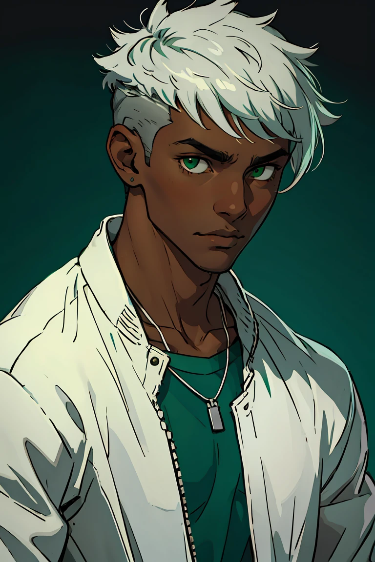 ((Green:0.5,Black:0.5,Silver:0.5))A 19yr old age boy with dark skin and short low faded side haircut (portrait), white jacket, silver necklace and green shirt