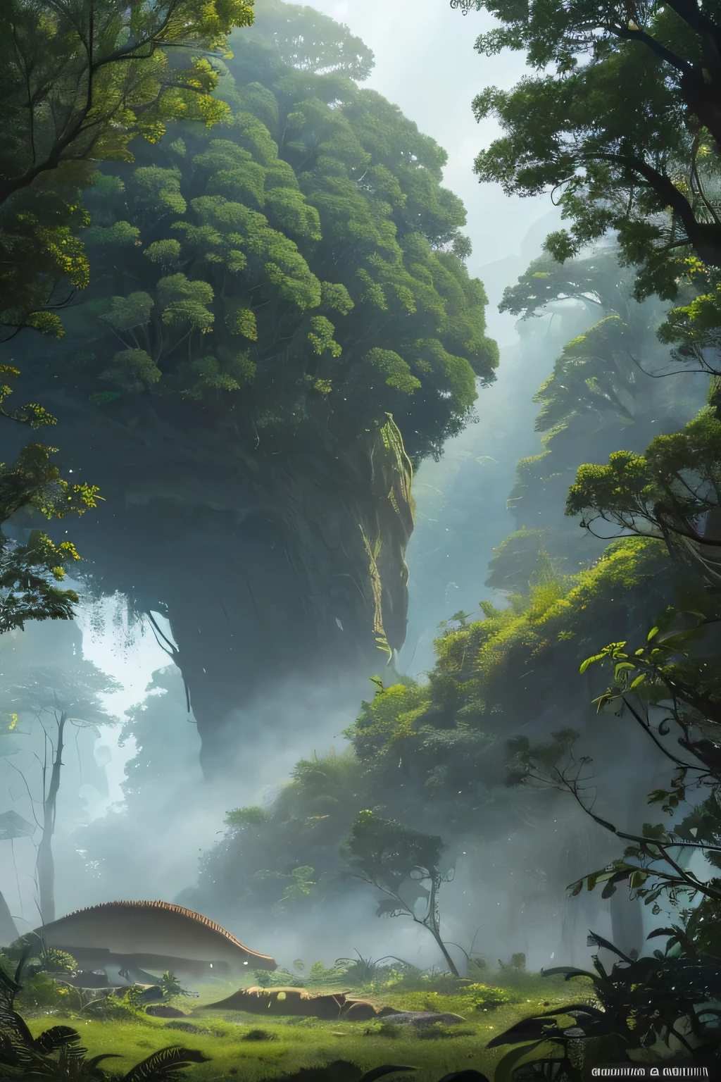 a lush prehistoric landscape, giant ferns and towering trees, ancient dinosaurs roaming the land, (best quality,4k,8k,highres,masterpiece:1.2),ultra-detailed,(realistic,photorealistic,photo-realistic:1.37),dramatic lighting,cinematic composition,epic scale,muted color palette,moody atmosphere,highly detailed foliage and fauna,sweeping vistas,primordial world