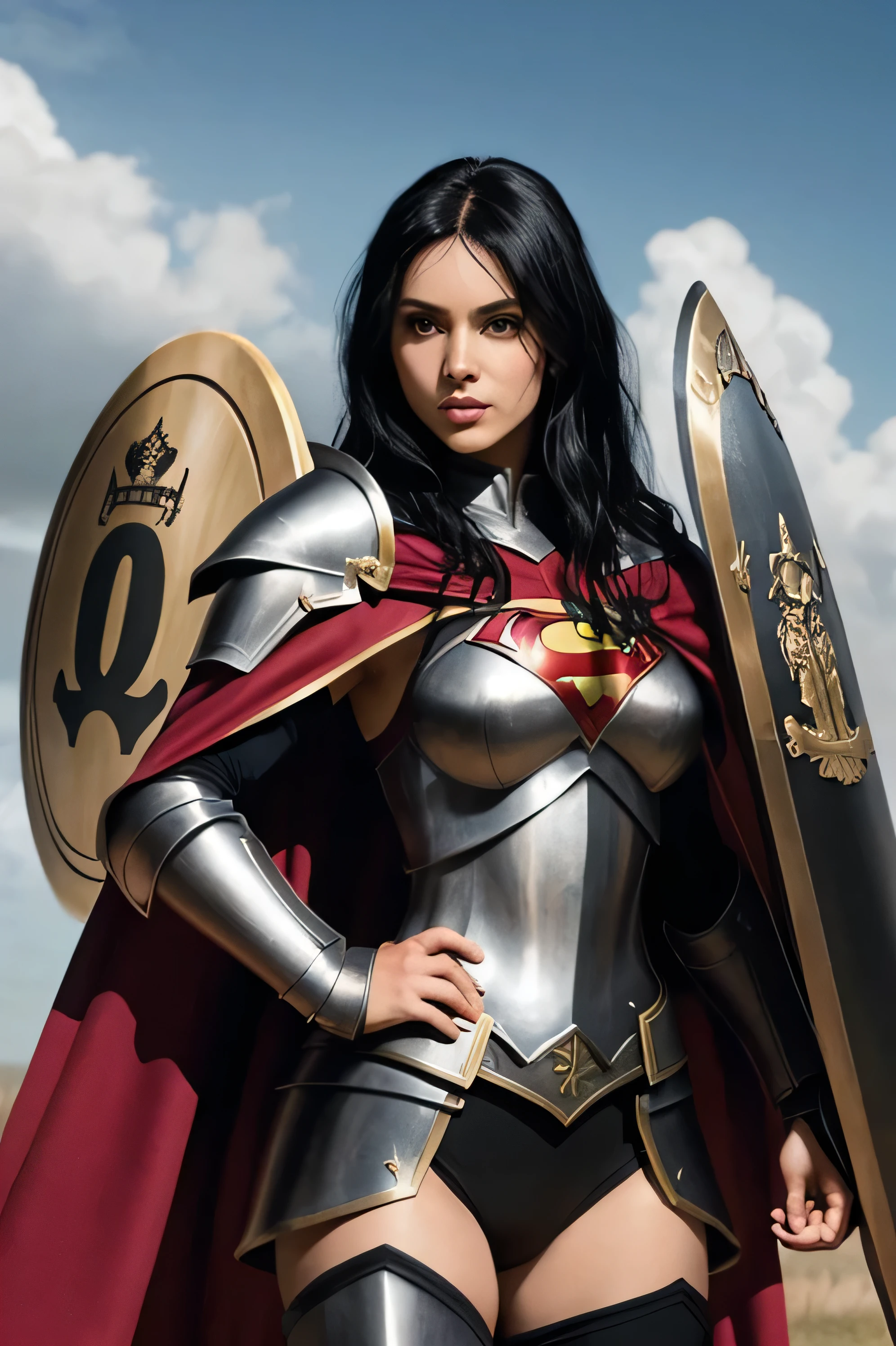 Warrior girl Knight armor Long black hair Red superhero cape A shield with the initials ¡UAO!