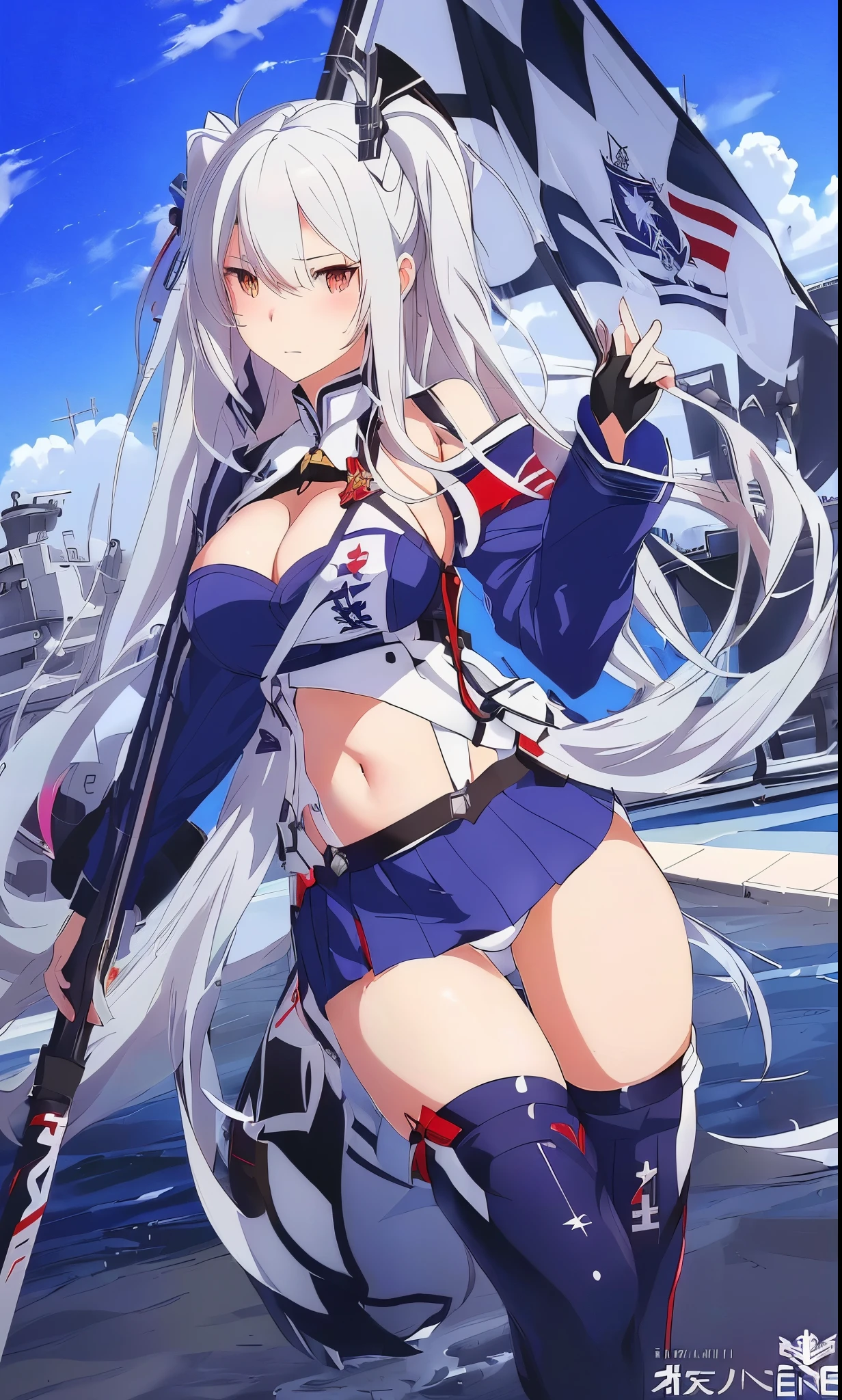 anime girl with long white hair holding a pole and a flag, azur lane style, kantai collection style, seductive anime girl, characters from azur lane, from the azur lane videogame, cushart krenz key art feminine, female action anime girl, perfect white haired girl, fine details. girls frontline, from girls frontline