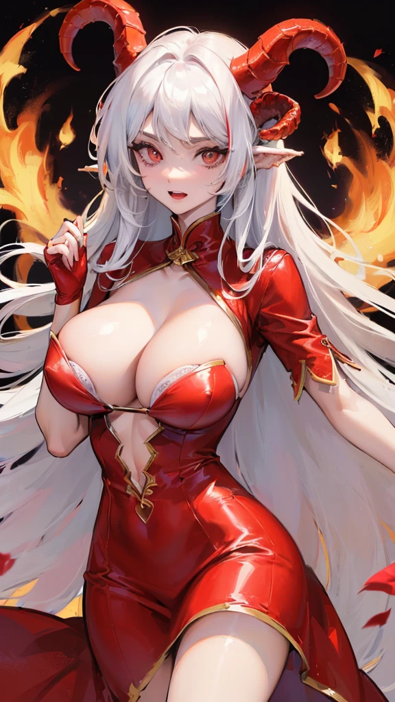 Masterpiece: 1.3, 1 girl ((25 years old, dressed in a tight red dress and gold details, , long bright white hair, beautiful face, perfect model body, large dragon horns, bright red eyes: 1.4, happy , crazy and  face looking at a girl: 1.2, big flame in the background at night: 1.1, beautiful and energetic atmosphere: 1.2))
