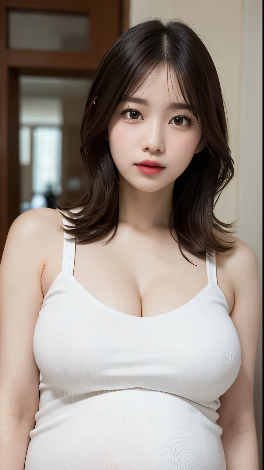 masutepiece, Best Quality, Illustration, Ultra-detailed, delicate detail, Hight Resolution, 8K wallpaper, Perfect dynamic composition, Beautiful detailed eyes, Natural Lip, (Sexy tight knit dress), ((pregnant)), (((Huge breasts :1.2, and droopy breasts:1.1))), cleavage, Random sexy poses, s whole body, super delicate face, (((Dazzlingly white skin))), moist lips,