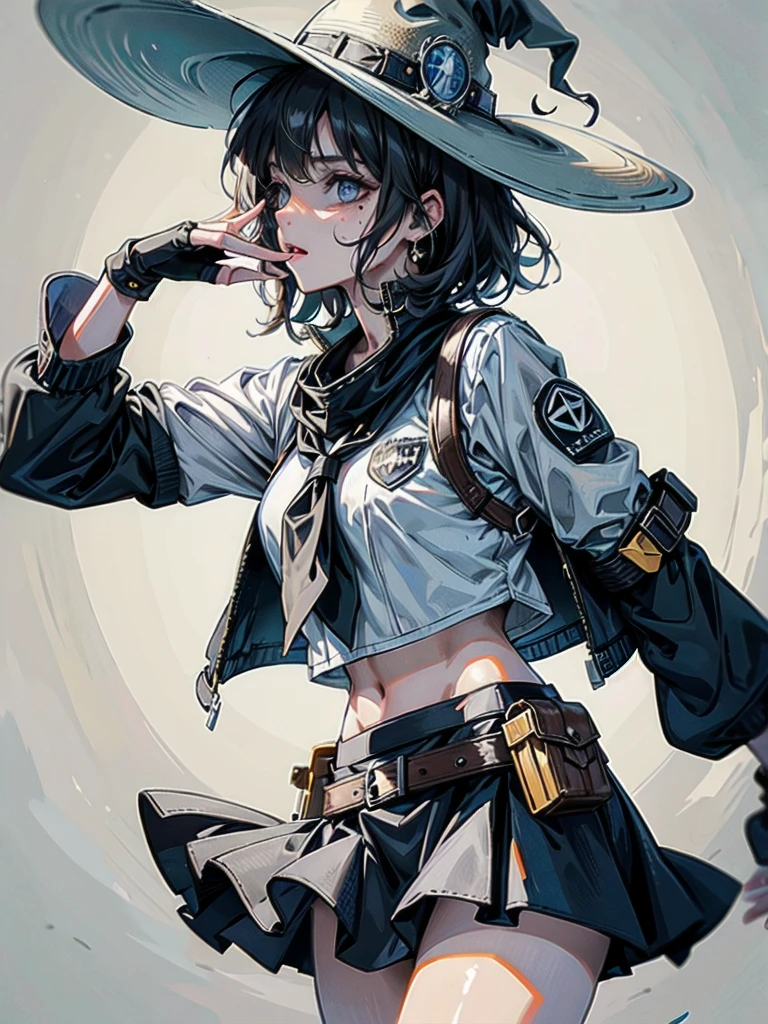 Sci-Fi, universe, cowgirl costume, vest, cowboy hat, fingerless gloves, midriff, neckerchief, short skirt, holster, absurdres, RAW photo, extremely delicate and beautiful, masterpiece, Best Quality, ultra high resolution, 32k, hyperrealistic, ultra-detailed, detailed description, pale skin, 20 years old, tearful mole, earring, short medium hair, wavy hair, whole body shot,