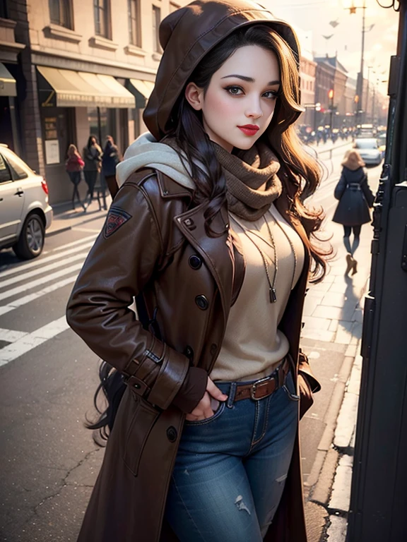 (masterpiece:1.0)、(highest quality:1.2)、(Dark Shot:1.3)、Kat Dennings、Classic Rogue、1991 Rogue X-Men、1 girl、Only one person、Head to Toe、standing on street corner、Elegant pose、(clothing: Brown winter coat、Brown hood、Down lining、White scarf、gloves、jeans) Medium Hair、Brown Hair、Wavy Hair、1 grey hair、Green Eyeischievous look、Grin、Spread your lips、Red lipstick、Heavy makeup、Confident expression、Backlight、(realism: 1.5)、(realism: 1.4)、(Messy: 1.4)、8k、Very detailed、Detailed beautiful woman、(background: midnight、It&#39;s snowing、Downtown New York、Snowy Night)、Official Art、Very detailedな CG Unity 8k 壁紙、Perfect lighting、colorful、超High resolution、photograph、8k、High resolution、Kodak Portrait 400、Film Grain、ぼやけたbackground、(Bokeh:1.2)、(Bright colors:1.2)、Film Grain:1.2、(warm color、warm colorトーン:1.2)、(カラーphotograph)、プロのphotograph