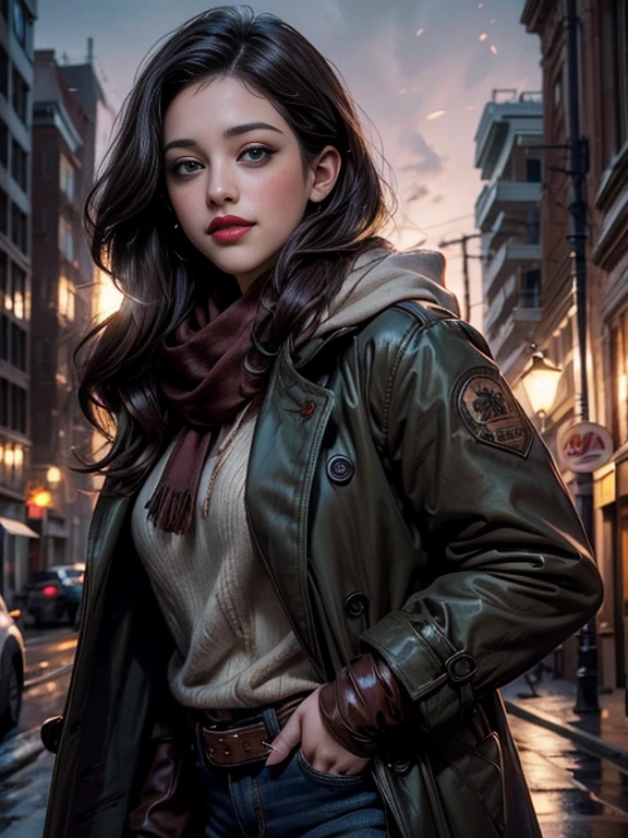 (masterpiece:1.0)、(highest quality:1.2)、(Dark Shot:1.3)、Kat Dennings、Classic Rogue、1991 Rogue X-Men、1 girl、Only one person、Head to Toe、standing on street corner、Elegant pose、(clothing: Brown winter coat、Brown hood、Down lining、White scarf、gloves、jeans) Medium Hair、Brown Hair、Wavy Hair、1 grey hair、Green Eyeischievous look、Grin、Spread your lips、Red lipstick、Heavy makeup、Confident expression、Backlight、(realism: 1.5)、(realism: 1.4)、(Messy: 1.4)、8k、Very detailed、Detailed beautiful woman、(background: midnight、It's snowing、Downtown New York、Snowy Night)、Official Art、Very detailedな CG Unity 8k 壁紙、Perfect lighting、colorful、超High resolution、photograph、8k、High resolution、Kodak Portrait 400、Film Grain、ぼやけたbackground、(Bokeh:1.2)、(Bright colors:1.2)、Film Grain:1.2、(warm color、warm colorトーン:1.2)、(カラーphotograph)、プロのphotograph