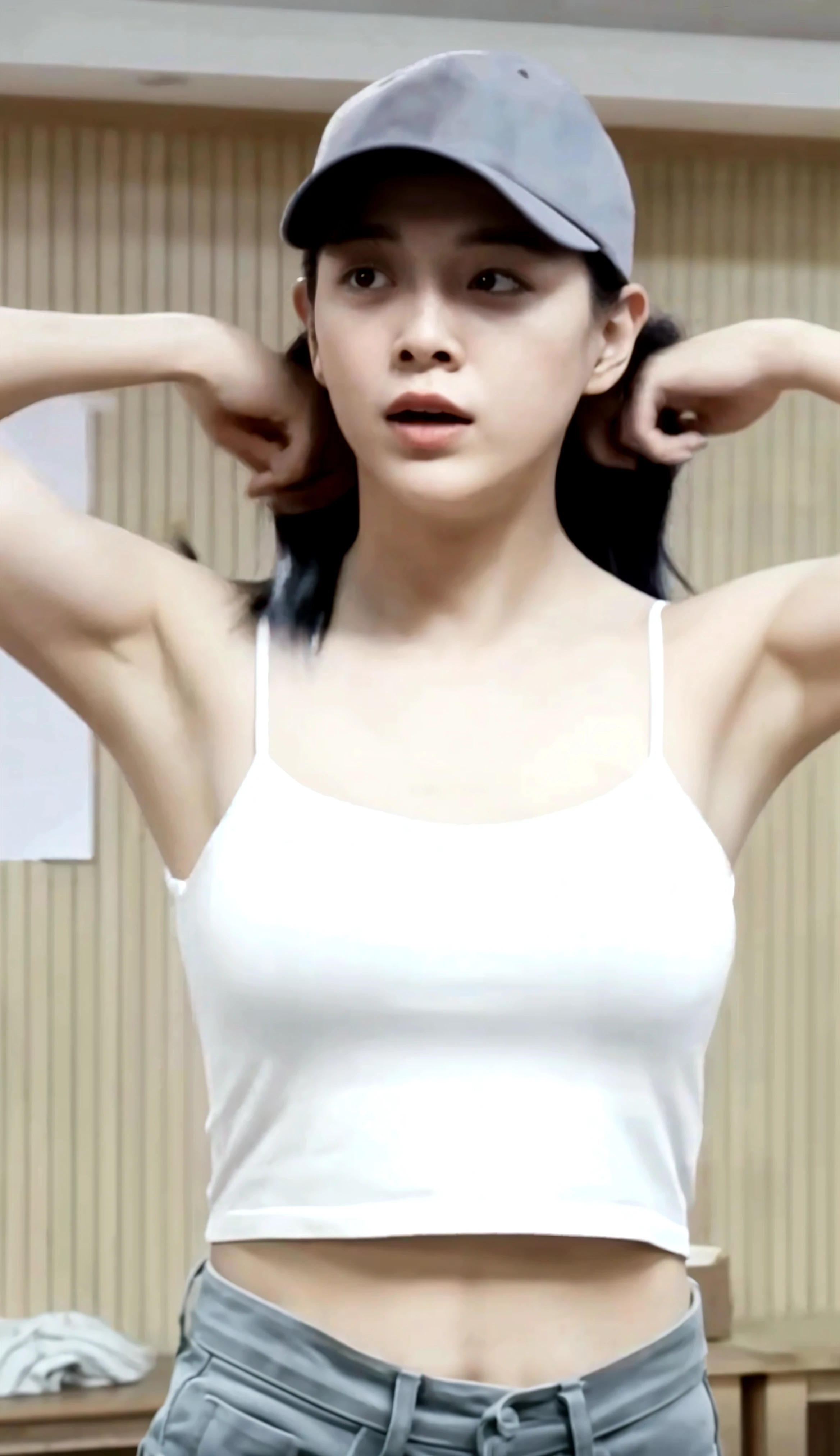 NSFW, Super beautiful face，Plump Goddess, showing armpit, thin tight black tanktop, braless, taken with canon 5d mk4, spread legs, arms up,