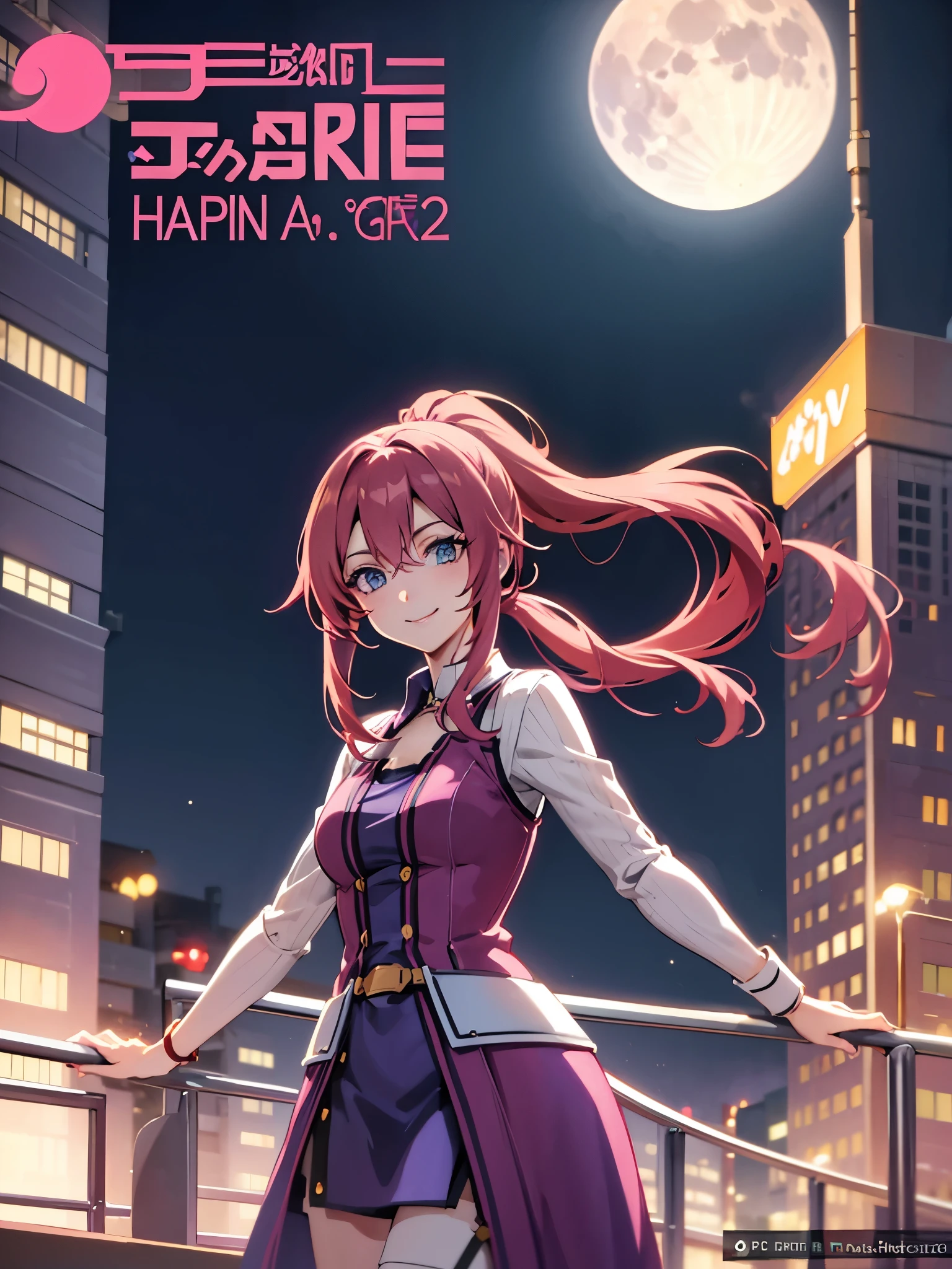 anime woman, redhead somewhat pinkish hair, ponytails, smiling, happy, looking at the viewer wearing purple dress with white t-shirt, in the city, at night, subway at background, park, full moon, dynamic lights, anime style, digital art, 8k