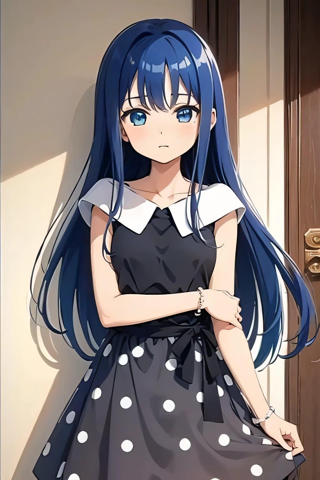 yachiyo nanami, blue hair, jewelry, long hair, dress, bracelet, polka dot, polka dot dress, blue eyes, pantyhose, black dress, black footwear, black ribbon,