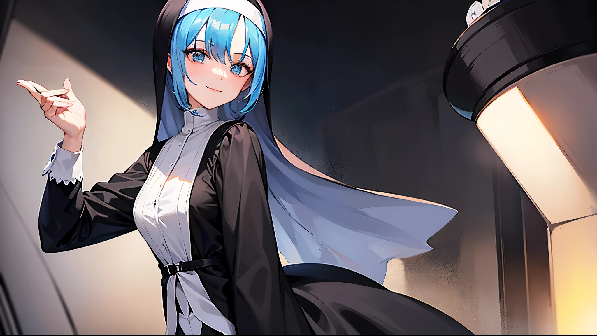 masterpiece, nun, proper clothing, lady, smile, cute, topaz blue hair: 1.2, background art