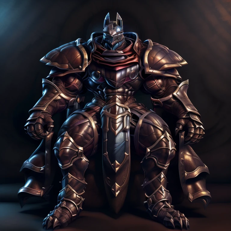 (masterpiece, best quality, detailed:1.2) (Pokémon) LUCARIO, detailed full body, a knight's mechanical armor, glowing wide and heavy armor, wears full body armor. massive muscles, huge pecs, chiseled abs, huge pectorals, exaggeratedly huge muscles. wearing a cloak. unusually developed muscular body big muscle, pecs, triceps, traps, waist narrow, unusually developed muscular body, Dark knight, BlackKnight_fe, The claws are sharp, Sharp teeth, He wears a black cloak on his back. sitting on the throne,