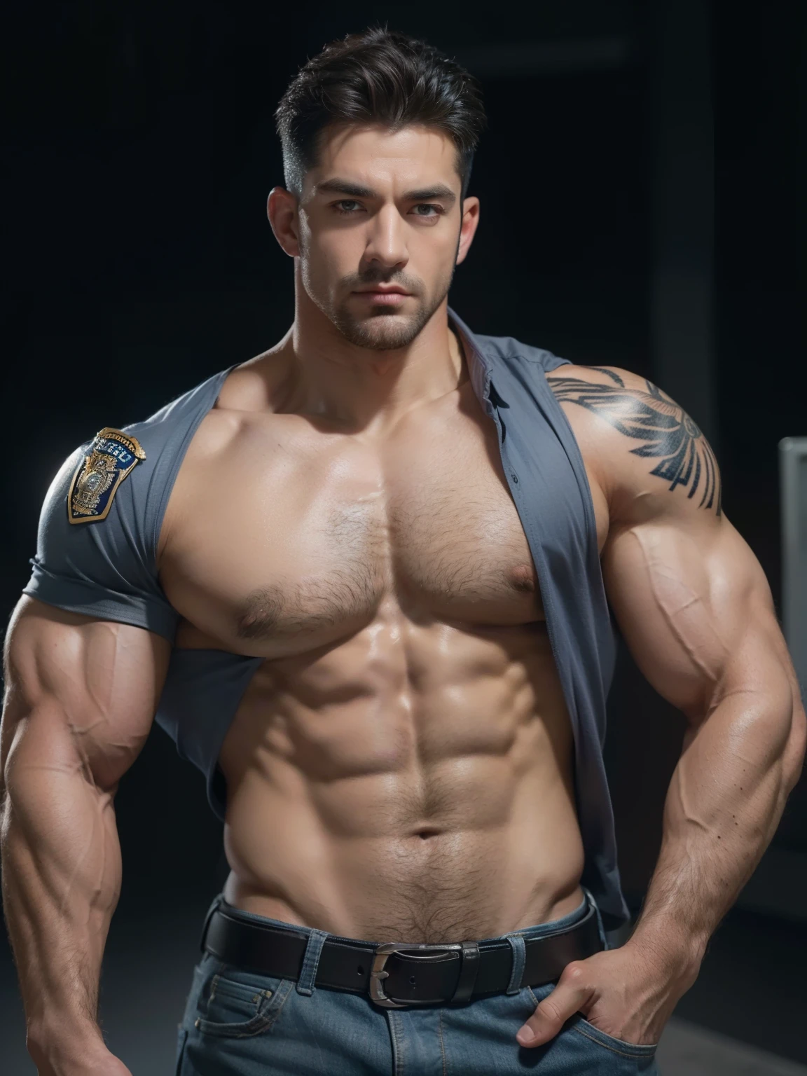 Masterpiece, best quality, realistic skin texture, realistic clothes texture, realistic hair, realistic, 8k resolution, muscular, big chest, big arms, tattooed arms, veiny, muscular chest, muscular arms, athlete, handsome man, cold face, dominant male, police officer, police uniform, open chest, ripped shirt, ripped uniform, police