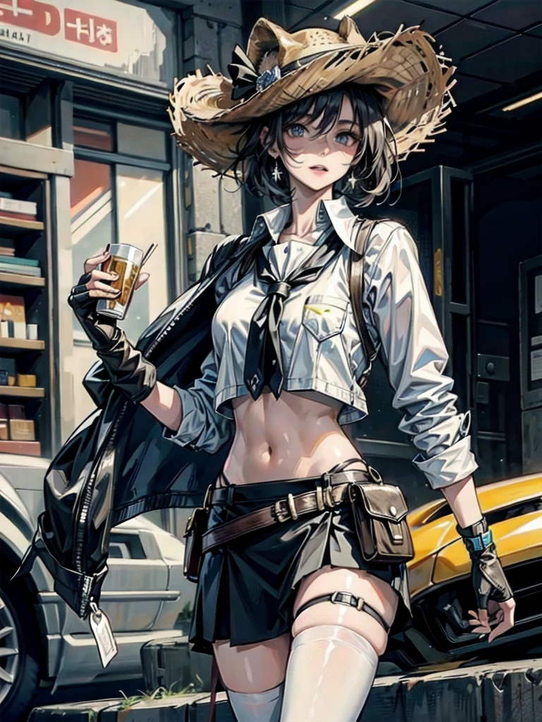 Sci-Fi fashion, cowgirl costume, vest, cowboy hat, fingerless gloves, midriff, neckerchief, short skirt, holster, absurdres, RAW photo, extremely delicate and beautiful, masterpiece, Best Quality, ultra high resolution, 32k, hyperrealistic, ultra-detailed, detailed description, pale skin, 20 years old, tearful mole, earring, short medium hair, wavy hair, whole body shot,