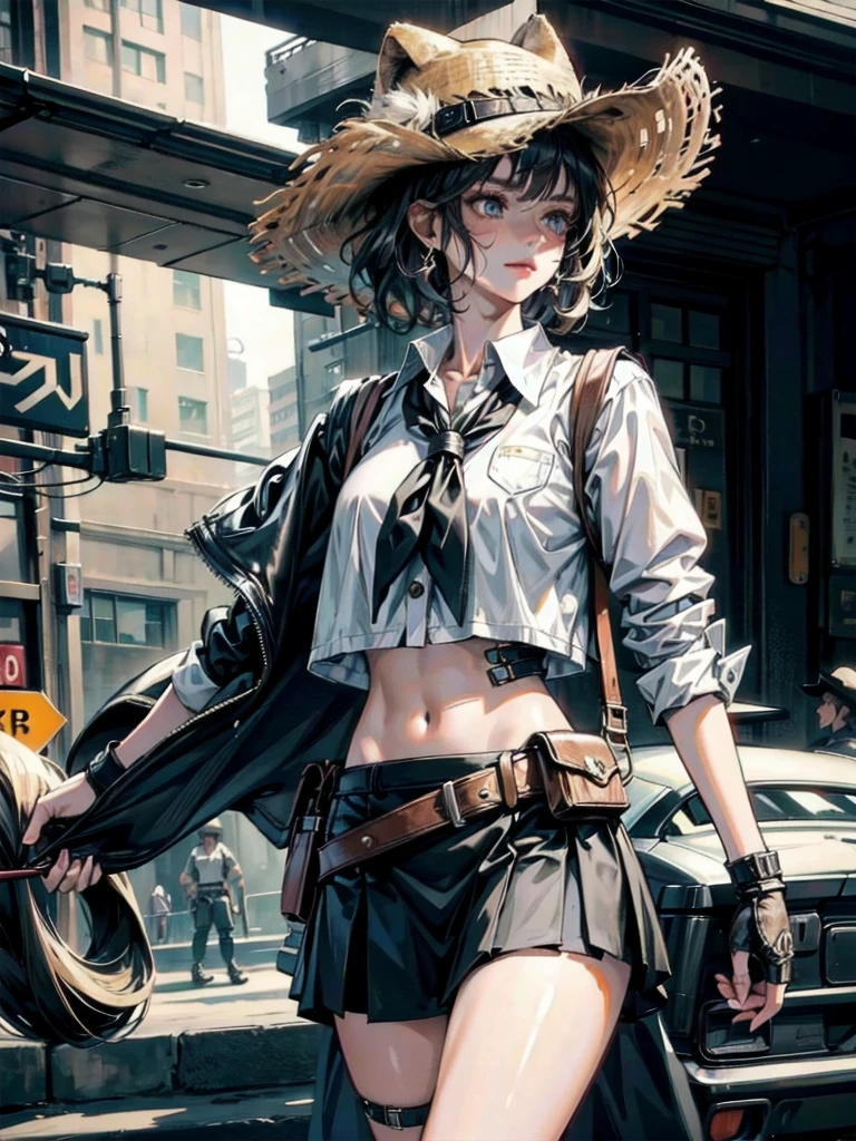 Sci-Fi fashion, cowgirl costume, vest, cowboy hat, fingerless gloves, midriff, neckerchief, short skirt, holster, absurdres, RAW photo, extremely delicate and beautiful, masterpiece, Best Quality, ultra high resolution, 32k, hyperrealistic, ultra-detailed, detailed description, pale skin, 20 years old, tearful mole, earring, short medium hair, wavy hair, whole body shot,