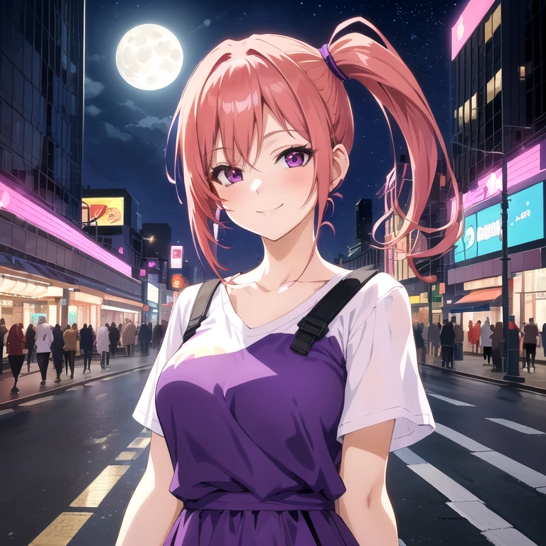 anime woman, redhead somewhat pinkish hair, ponytails, smiling, happy, looking at the viewer wearing purple dress with white t-shirt, in the city, at night, subway at background, park, full moon, dynamic lights, anime style, digital art, 8k