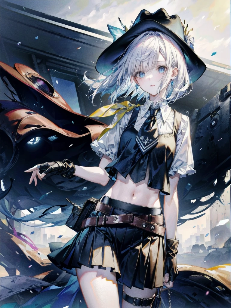 Sci-Fi fashion, cowgirl costume, vest, cowboy hat, fingerless gloves, midriff, neckerchief, short skirt, holster, absurdres, RAW photo, extremely delicate and beautiful, masterpiece, Best Quality, ultra high resolution, 32k, hyperrealistic, ultra-detailed, detailed description, pale skin, 20 years old, tearful mole, earring, short medium hair, wavy hair, whole body shot,