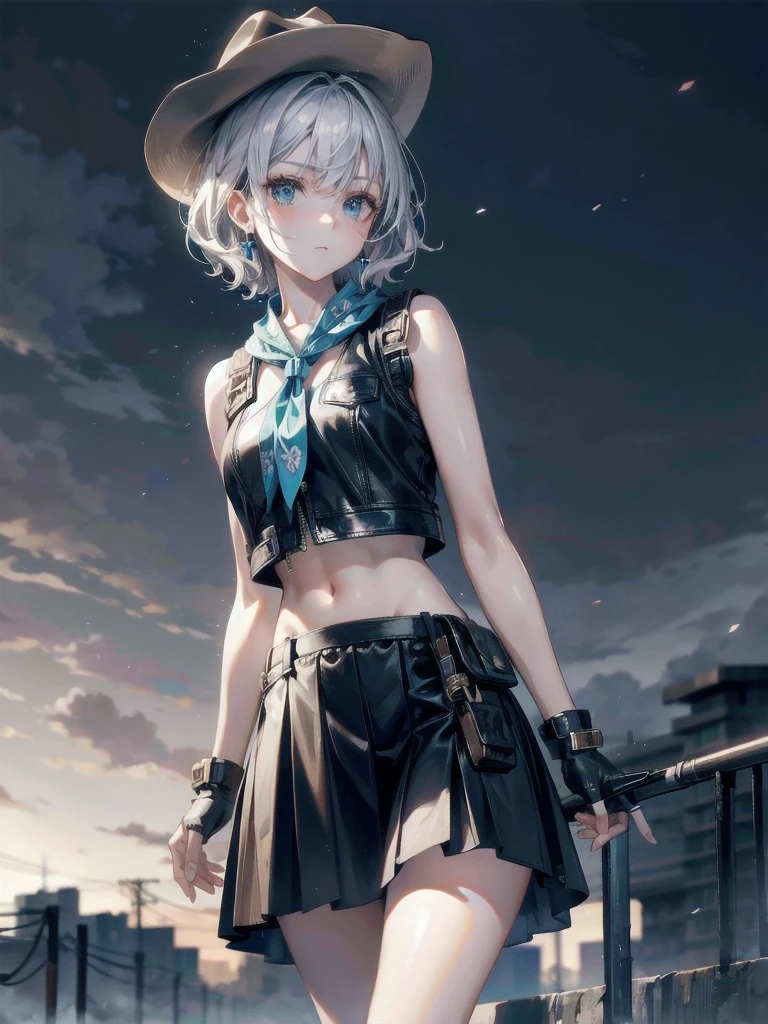 Sci-Fi fashion, cowgirl costume, vest, cowboy hat, fingerless gloves, midriff, neckerchief, short skirt, holster, absurdres, RAW photo, extremely delicate and beautiful, masterpiece, Best Quality, ultra high resolution, 32k, hyperrealistic, ultra-detailed, detailed description, pale skin, 20 years old, tearful mole, earring, short medium hair, wavy hair, whole body shot,