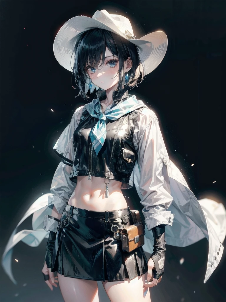 Sci-Fi fashion, cowgirl costume, vest, cowboy hat, fingerless gloves, midriff, neckerchief, short skirt, holster, absurdres, RAW photo, extremely delicate and beautiful, masterpiece, Best Quality, ultra high resolution, 32k, hyperrealistic, ultra-detailed, detailed description, pale skin, 20 years old, tearful mole, earring, short medium hair, wavy hair, whole body shot,