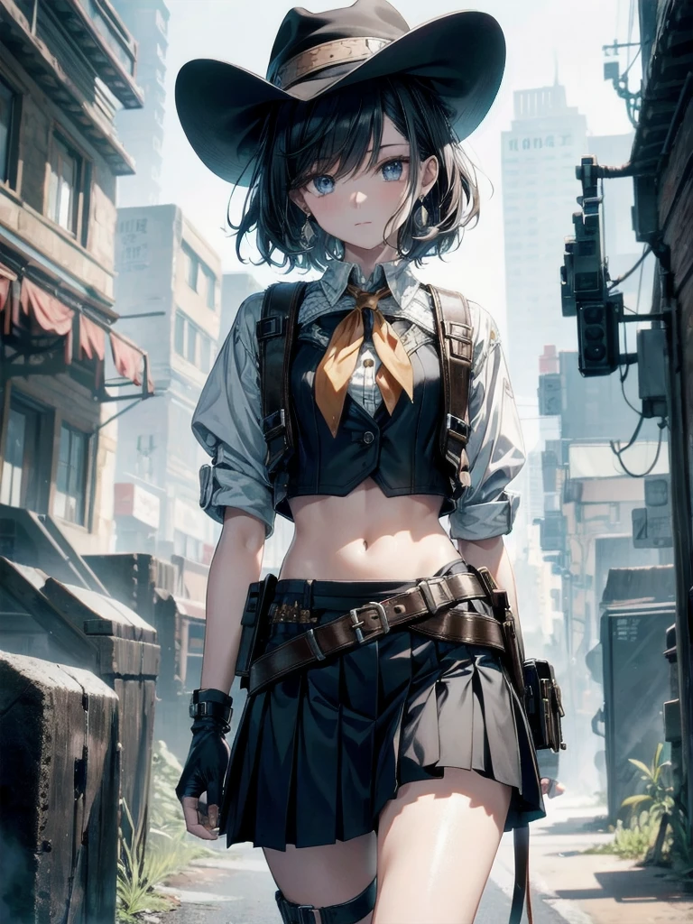 Sci-Fi fashion, cowgirl costume, vest, cowboy hat, fingerless gloves, midriff, neckerchief, short skirt, holster, absurdres, RAW photo, extremely delicate and beautiful, masterpiece, Best Quality, ultra high resolution, 32k, hyperrealistic, ultra-detailed, detailed description, pale skin, 20 years old, tearful mole, earring, short medium hair, wavy hair, whole body shot,