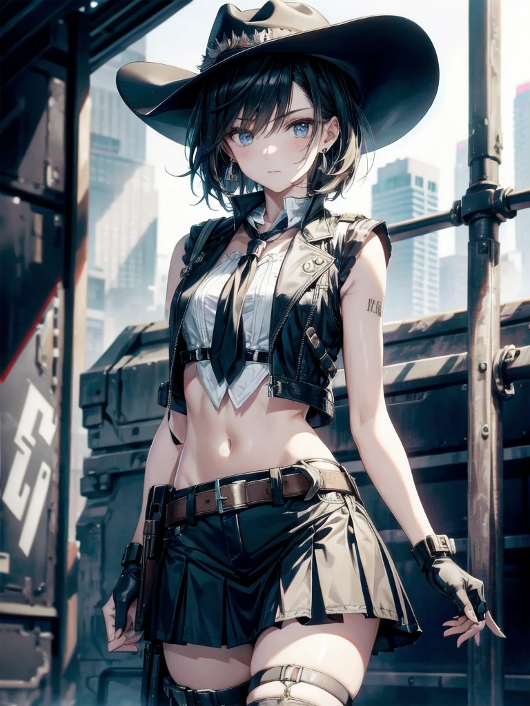 Sci-Fi fashion, cowgirl costume, vest, cowboy hat, fingerless gloves, midriff, neckerchief, short skirt, holster, absurdres, RAW photo, extremely delicate and beautiful, masterpiece, Best Quality, ultra high resolution, 32k, hyperrealistic, ultra-detailed, detailed description, pale skin, 20 years old, tearful mole, earring, short medium hair, wavy hair, whole body shot,