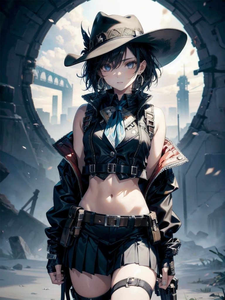 Sci-Fi fashion, cowgirl costume, vest, cowboy hat, fingerless gloves, midriff, neckerchief, short skirt, holster, absurdres, RAW photo, extremely delicate and beautiful, masterpiece, Best Quality, ultra high resolution, 32k, hyperrealistic, ultra-detailed, detailed description, pale skin, 20 years old, tearful mole, earring, short medium hair, wavy hair, whole body shot,