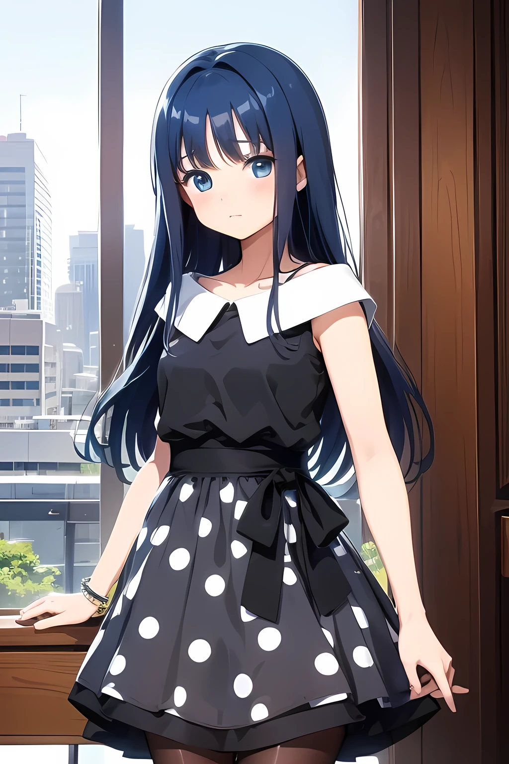 yachiyo nanami, blue hair, jewelry, long hair, dress, bracelet, polka dot, polka dot dress, blue eyes, pantyhose, black dress, black footwear, black ribbon,