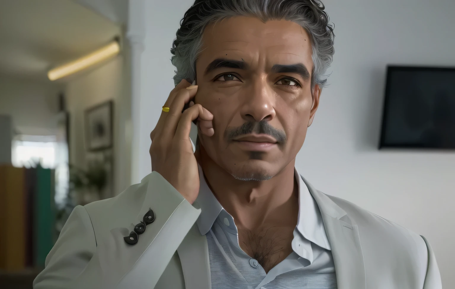 Homem de terno falando ao celular, valter de morais, ricardo milos, Lorenzo Vituri, filmado do filme de Danis Villeneuve, imagem de alta qualidade, sao paulo, ainda em cores, ator, inspired by Joaquín Torres García, arte mista, leonardo fioravanti, Pepe Moreno