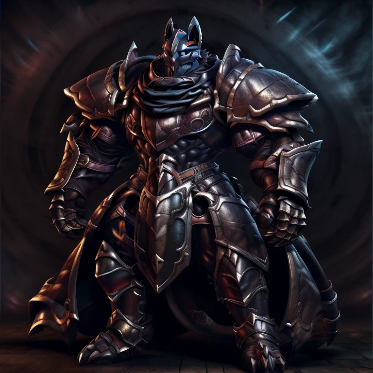 (masterpiece, best quality, detailed:1.2) (Pokémon) LUCARIO, detailed full body, a knight's mechanical armor, glowing wide and heavy armor, wears full body armor. massive muscles, huge pecs, chiseled abs, huge pectorals, exaggeratedly huge muscles. wearing a cloak. unusually developed muscular body big muscle, pecs, triceps, traps, waist narrow, unusually developed muscular body, Dark knight, BlackKnight_fe, The claws are sharp, Sharp teeth, He wears a black cloak on his back.