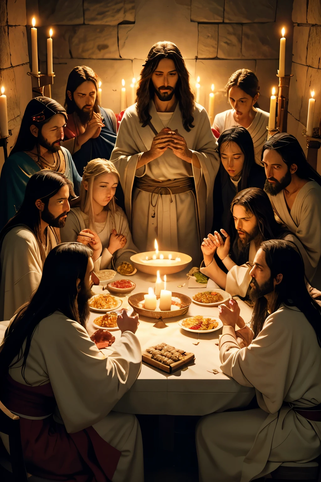 A captivating visual representation of Jesus at the Holy Supper with his disciples, set in a dimly lit, ancient chamber. Jesus, with his radiant, serene face and long, flowing hair, is depicted in the center, surrounded by his distinct disciples. Each disciple is individually highlighted with intricate details, emphasizing their unique appearances and expressions. The high resolution image flawlessly captures the traditional setting of the Last Supper, with a long table strewn with bread and wine, and the soft, warm glow of candles illuminating the room. A sense of solemnity permeates the scene, as the disciples gather around their leader in reverence and anticipation.