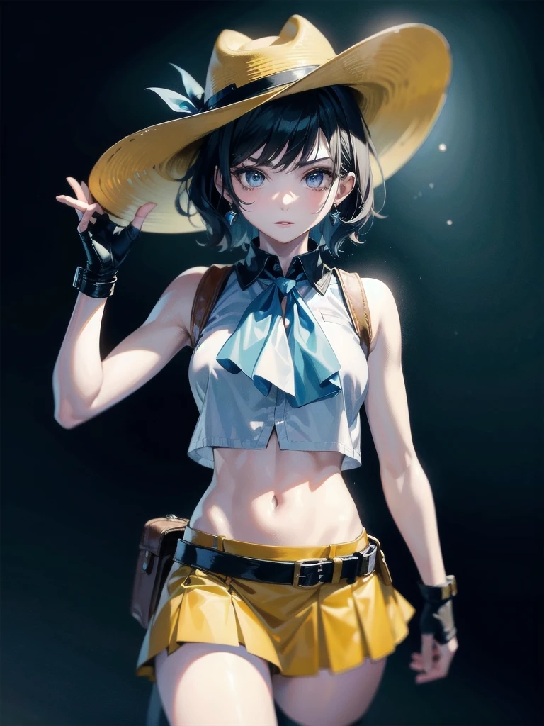 Sci-Fi fashion, cowgirl costume, vest, cowboy hat, fingerless gloves, midriff, neckerchief, short skirt, holster, absurdres, RAW photo, extremely delicate and beautiful, masterpiece, Best Quality, ultra high resolution, 32k, hyperrealistic, ultra-detailed, detailed description, pale skin, 20 years old, tearful mole, earring, short medium hair, wavy hair, whole body shot,