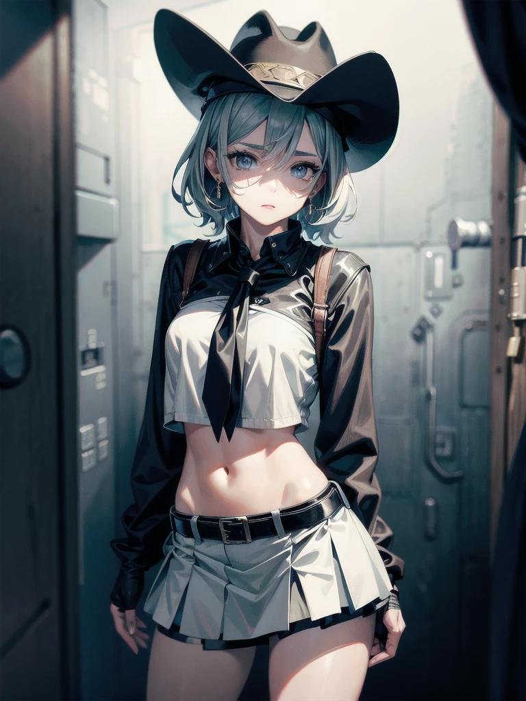 Sci-Fi fashion, cowgirl costume, vest, cowboy hat, fingerless gloves, midriff, neckerchief, short skirt, holster, absurdres, RAW photo, extremely delicate and beautiful, masterpiece, Best Quality, ultra high resolution, 32k, hyperrealistic, ultra-detailed, detailed description, pale skin, 20 years old, tearful mole, earring, short medium hair, wavy hair, whole body shot,