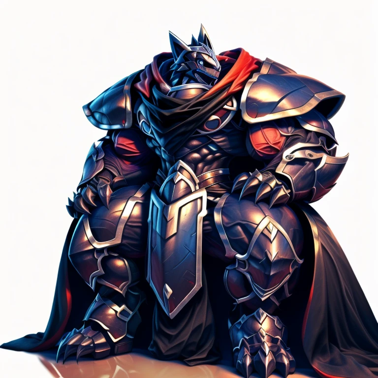 (masterpiece, best quality, detailed:1.2) (Pokémon) LUCARIO, detailed full body, a knight's mechanical armor, glowing wide and heavy armor, wears full body armor. massive muscles, huge pecs, chiseled abs, huge pectorals, exaggeratedly huge muscles. wearing a cloak. unusually developed muscular body big muscle, pecs, triceps, traps, waist narrow, unusually developed muscular body, Dark knight, BlackKnight_fe, The claws are sharp, Sharp teeth, He wears a black cloak on his back. sitting on the throne,
